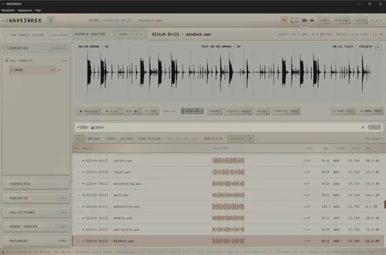 WAVEINDEX light theme with library, waveform editor, and sample search results